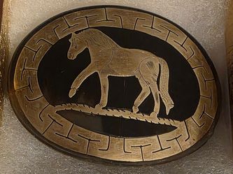 Vintage Metal Belt Buckle, Nice Brass Horse Design, Nice Western Design, 3 1/4" x 2 1/2", Heavy Duty, Quality, Thick Metal, For Belts, Fashion, Shelf 