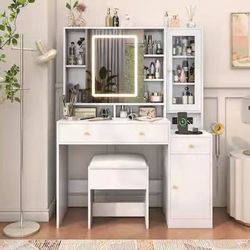 43" Vanity Desk Set with LED Light Mirror & Power Outlet, Makeup Table with Shelves & 2 Drawers - White