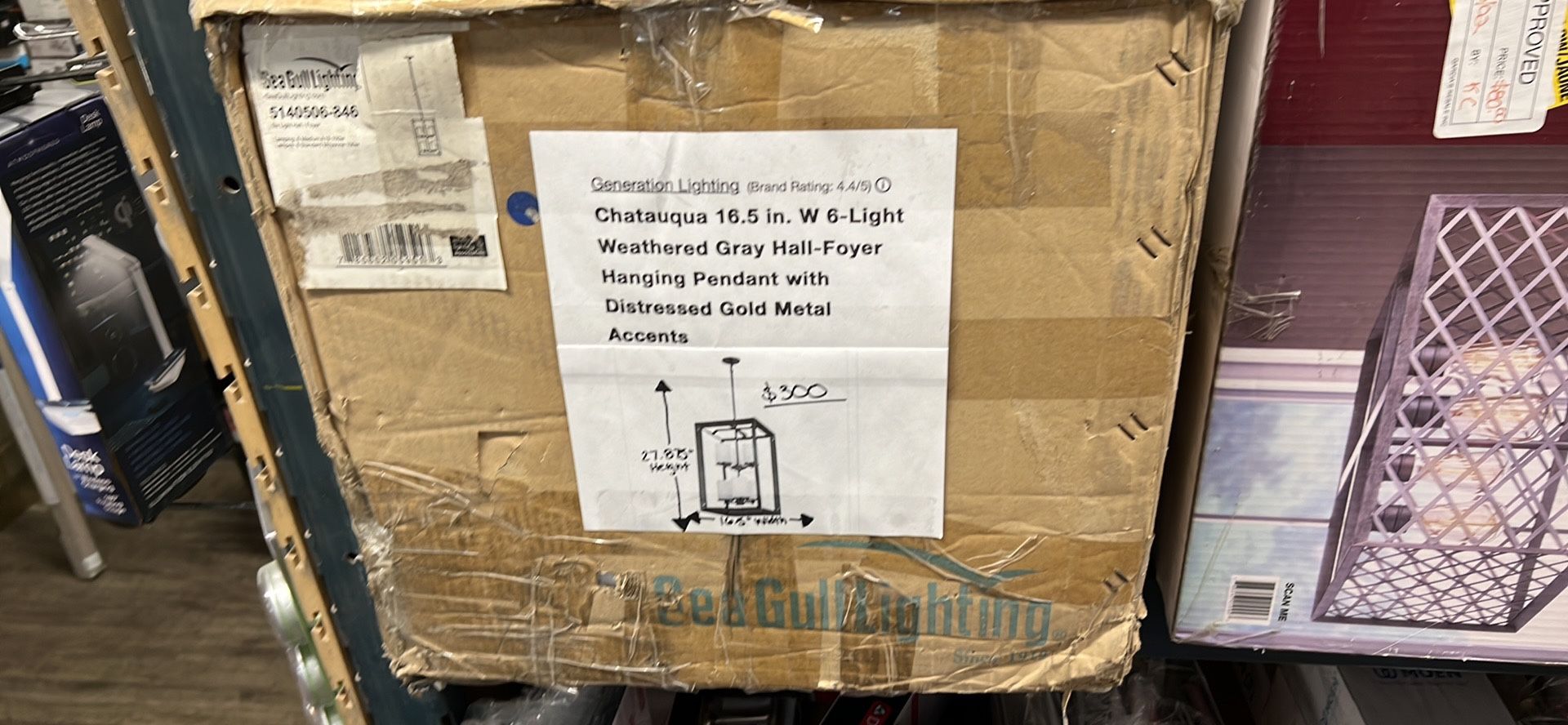 Chatauqua 16.5 in. W 6 Light Weathered Gray Hall Foyer Hanging Pendant with Distressed Gold Metal Accents