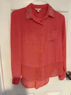 Candie's Coral Button-Down Shirt with Embellished Collar