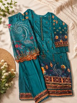Teal Printed Salwar Kameez 3-Piece Set