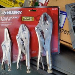 3 pc set HUSKY LOCKING PLIERS LIFETIME. WARRANTY,  NEW  FIRM