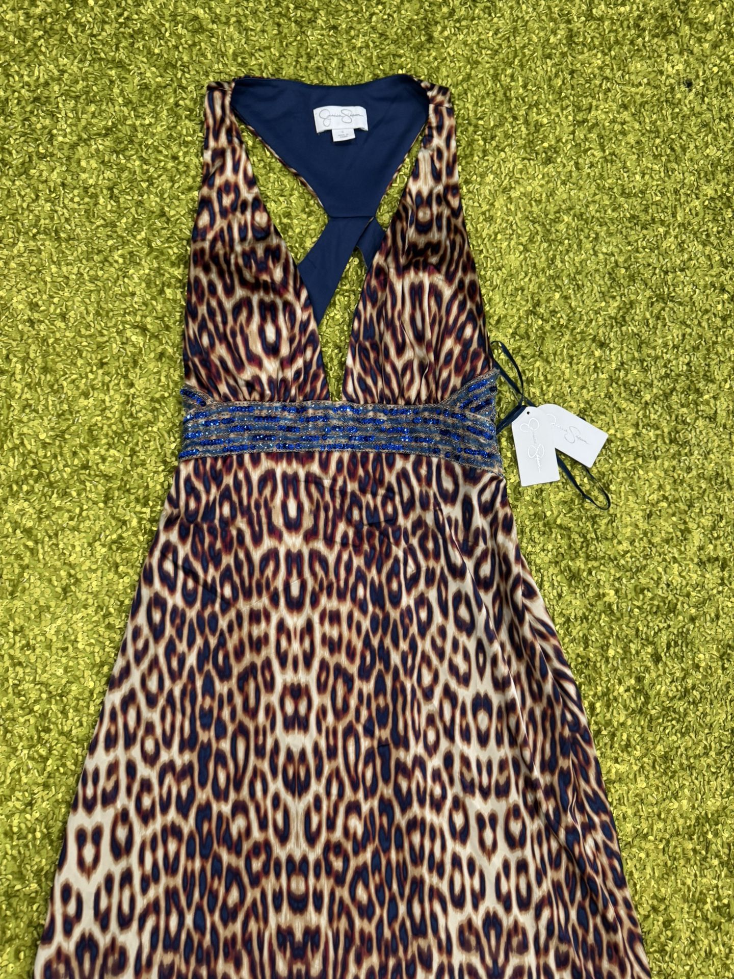 Jessica Simpson Leopard V Neck Beaded Halter Cocktail Maxi Dress, -  www.joarbit.com