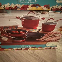 19 Piece Pioneer Woman Pot And Pan Set Cookware Red 