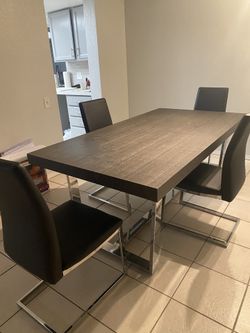 Dining Set 72” X 38” Table Brown With Chrome Legs An Black Chairs Modern