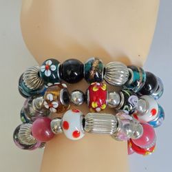Set of Three Stainless Steel Murano and Cat's Eye Design Glass Bead Stretch Bracelets 