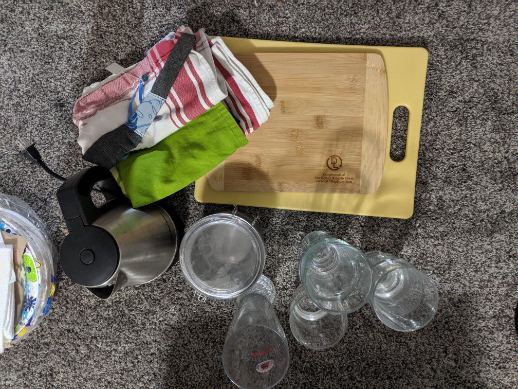 Kitchen Starter Kit - Dishes, Glasses, Mugs, Electric Kettle, Party supplies, Cutting board
