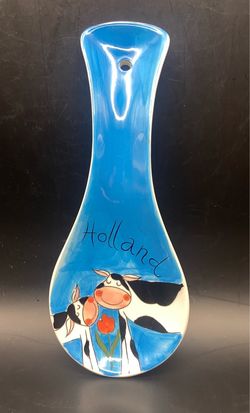 Bosman Hand Painted Ceramic Spoon Rest with Darling Cows and Tulip on Blue ~ Made in Holland
