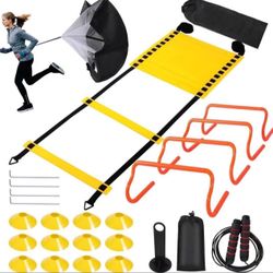 Agility Ladder Speed Training Equipment Set-20ft Agility Ladder,12 Soccer Cones,4 Hurdles, Jump Rope, Running Parachute| Basketball Football Soccer Tr