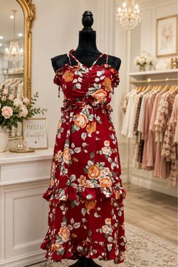 2 piece Red Floral Ruffle top and Maxi skirt