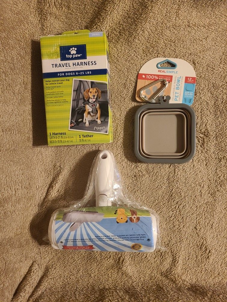 Small Dog Travel Harness + Travel Pet Bowl + Pet Hair Remover