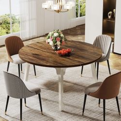JW0656 Round Dining Table for 4-6, 47-Inch Farmhouse Kitchen Table with Solid Wood Legs for Kitchen, Dining Room, Living Room (White and Rustic Brown)