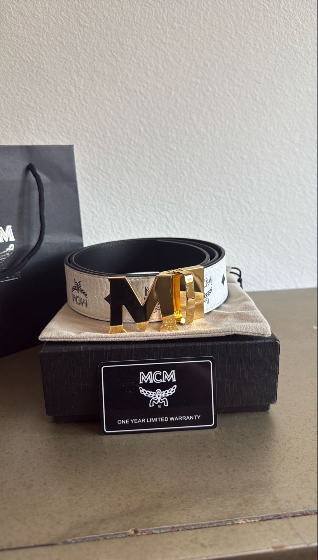 MCM Belt White And Black Gold Buckle