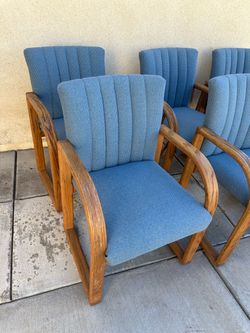 Set of 6 Oak Armchairs with Blue Upholstery