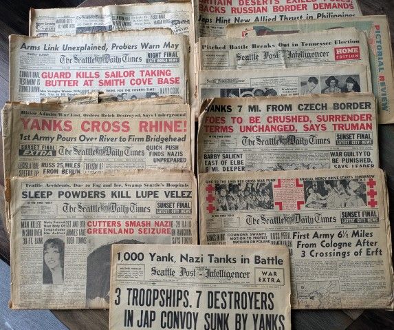WW2 WWII old vintage original newspapers. All 10 included. Not reproductions. All authentic ... even the nice old paper scent. Seattle Daily Times