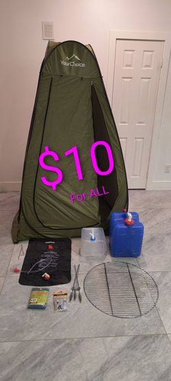 Camping Shower Shelter, Solar Heated Camping Shower Bag, 2 Water Jug Containers, Tent Repair Kit, Poncho & Grill