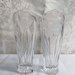 Two Block 24% Full Lead Crystal 8" Frosted Floral Vases  Made In Poland