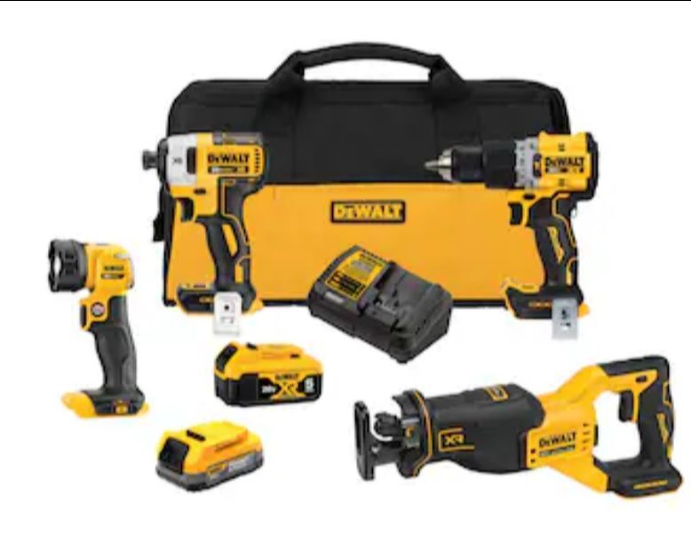 DEWALT 20V MAX XR Brushless 4-Tool Combo Kit with POWERSTACK Compact Battery, 5.0Ah Battery, Charger and Tool Bag