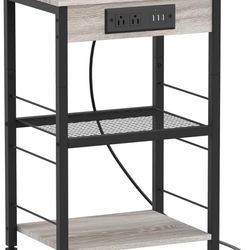 Grey Nightstand with Charg Station Bedroom End Tables with USB Ports and Outlets 3 Tier Bed Side Table with Storage Shelves Farmhouse Night Stand w