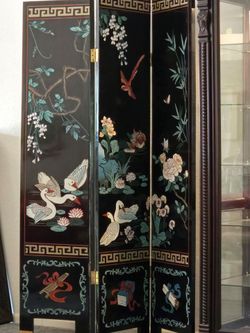 Vintage Chinese Black Lacquer Inlaid Folding Room Divider