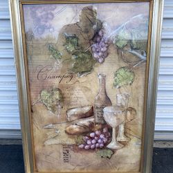 Large Champagne Themed Art Piece with Gold Frame
