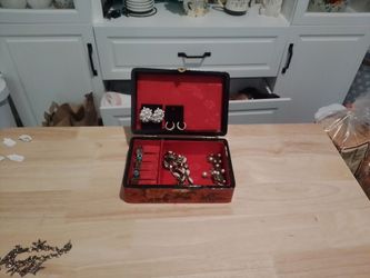Vintage Wooden Jewelry Box with Red Interior