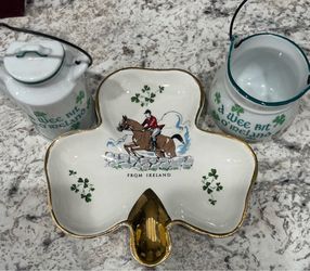 Carrigaline Pottery Shamrock Trinket Tray and Miniature Souvenirs