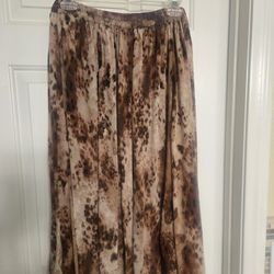 Long Flowing Tan & Brown Animal Print Pleated Midi Skirt Size L