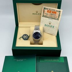 1983 Rolex Datejust 16014 36mm stainless steel jubilee bracelet factory blue stick dial white gold fluted Bezel watch box papers