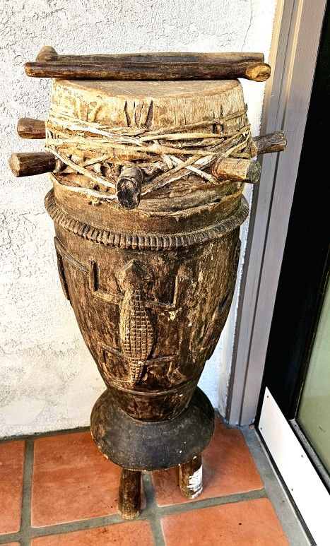 Authentic African Standing Drum with Drumsticks