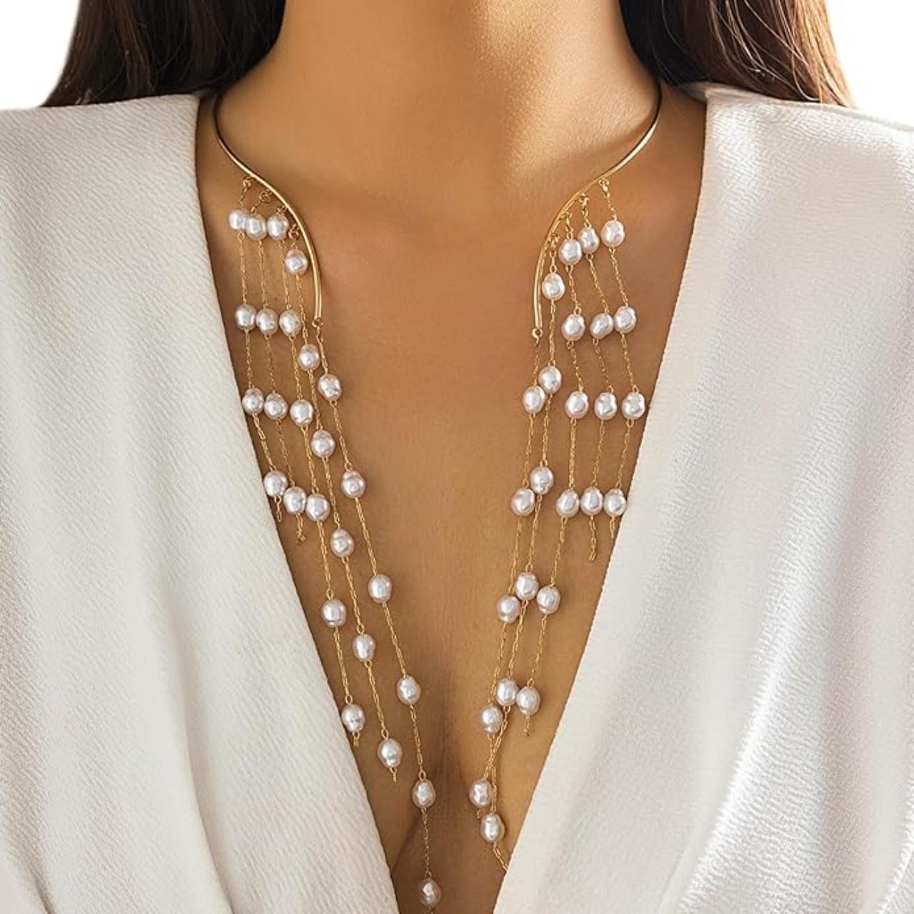 Tiered Pearl Chain Collar Chandelier Fringe Tassel Bead Choker Bib Body Necklace 