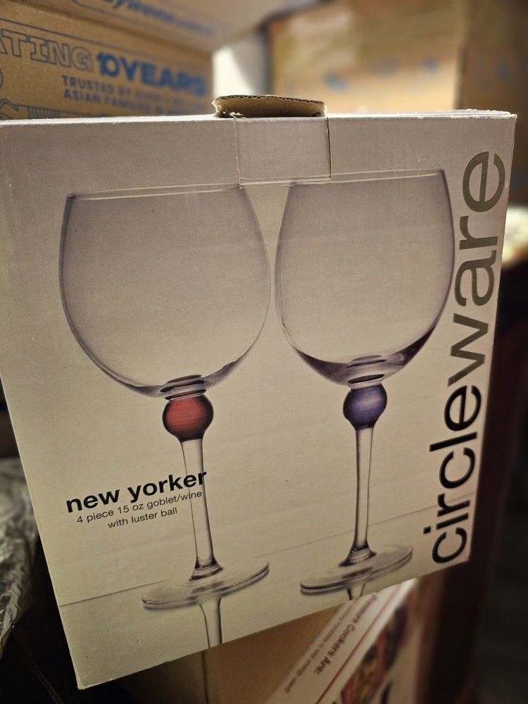 New, never used 4 piece Circleware 15oz New Yorker goblet / wine glass with luster ball, 9in stem