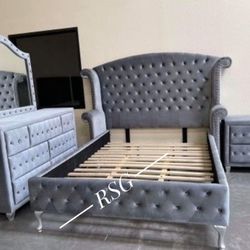 Queen Bedroom Set; Bed Frame, Dresser, Nightstand, Mirror ❤️No Needed Credit Check 💛 $39 Down Payment with Financing1243