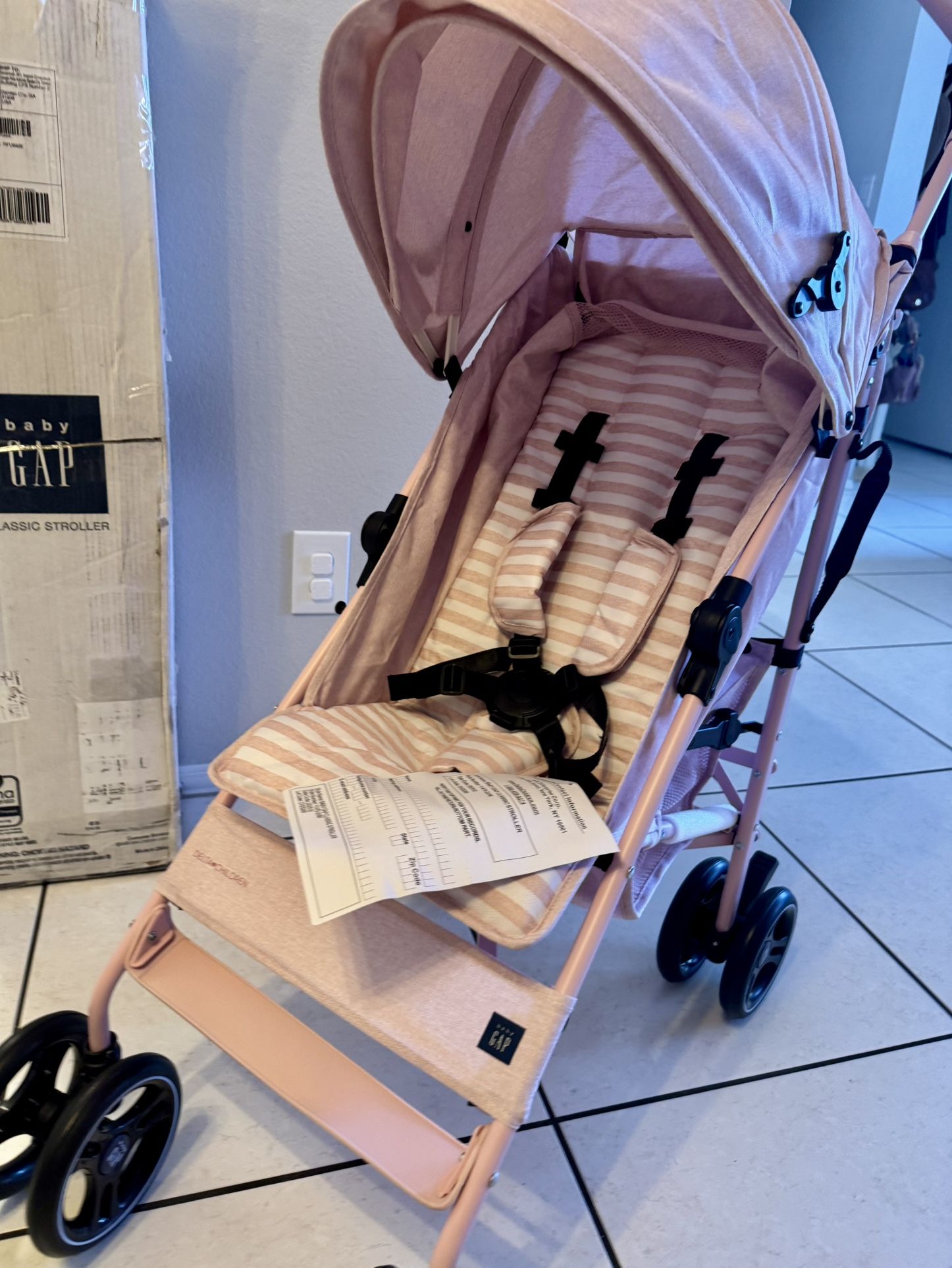 babyGap Classic Stroller - Lightweight Stroller with Recline, Compact Fold & Removable Parent Organizer - Made with Sustainable Materials, Pink Stripe