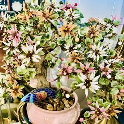 Vintage Chinese Chrysanthemum Jade Glass Flower Bonsai Tree Peacock Not Included