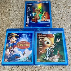Lot of 3 Disney Blu Rays - Lady and The Tramp, Bambi, Pinocchio 