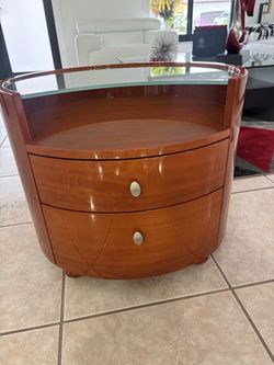 Round Wood Nightstand with Glass