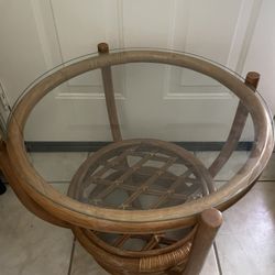 Vintage Round Wicker Table Base with Glass - 20” Diameter, 18” Height