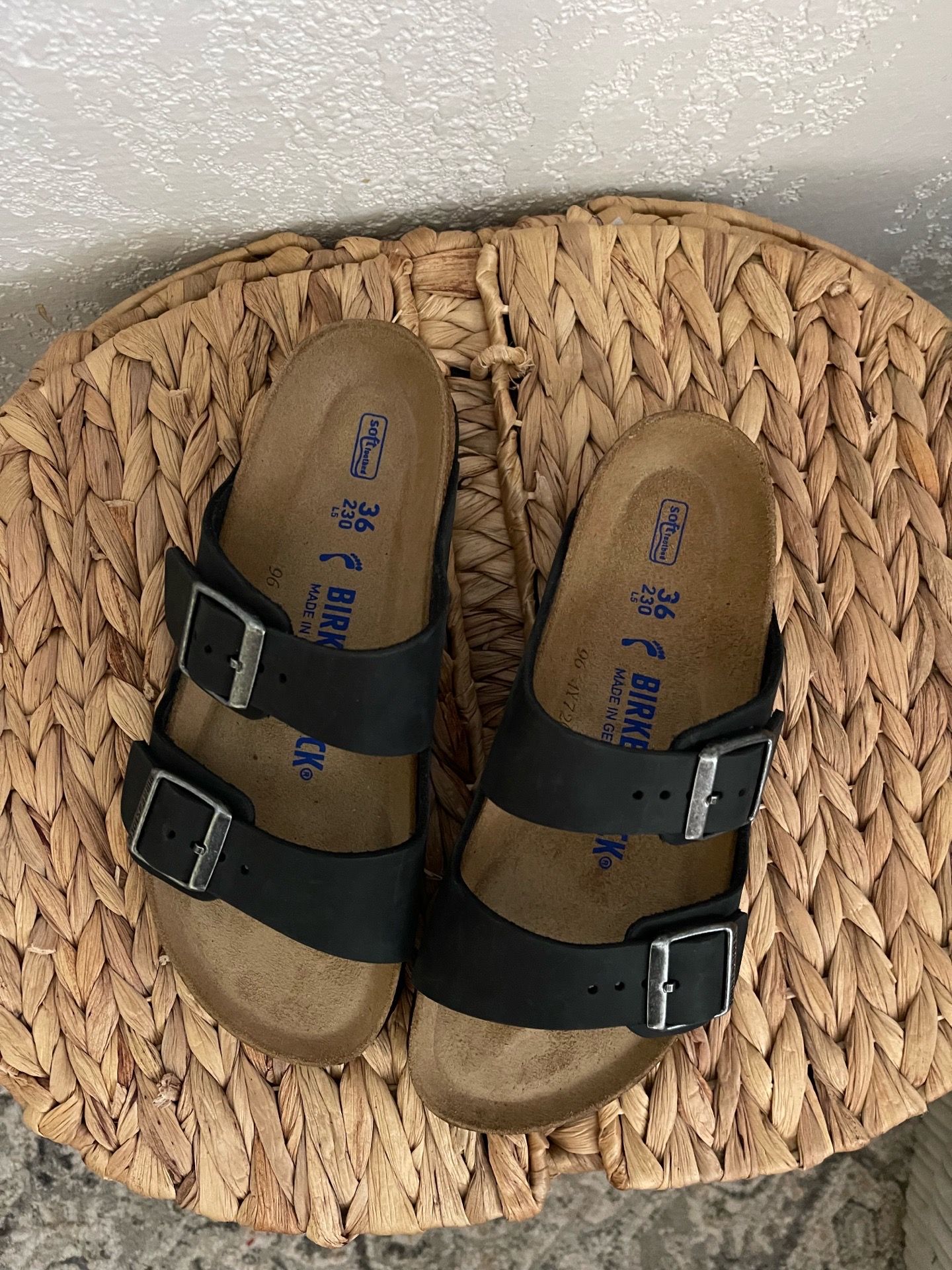 Birkenstock Two-Strap Sandals in Black and Brown Footbed size 5.5