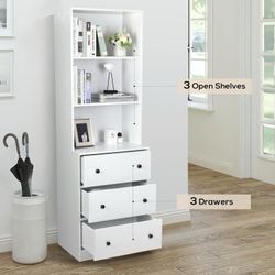 Vertical File Cabinet, 3-Tier Modern Bookshelf with 3 Large Drawer, Wood Filing Cabinet with Open Storage Shelf, Glass Doors and Adjustable 