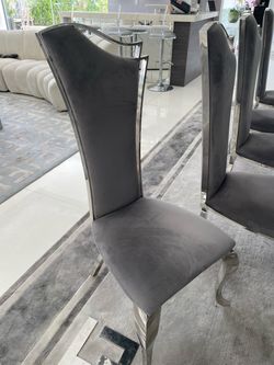 Luxury High-Back Gray Velvet Dining Chairs – Sculptural Polished Metal Frame