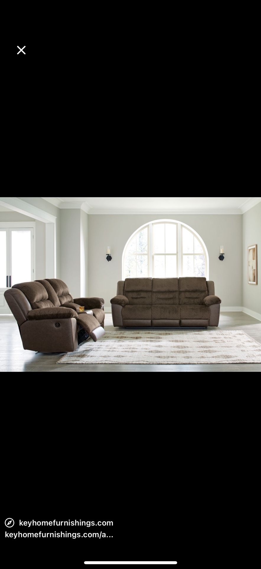 Brynn reclining sofa and reclining love seat with console set, brown