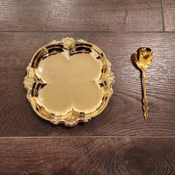 vintage International Silver Company 23KT  Gold electroplated clover-shaped dish and a matching serving spoon. 