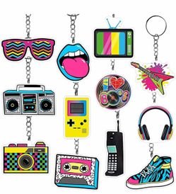 Multicolor Retro 80s Theme Key Chain 12 pcs, Unisex Kids Plastic/Metal