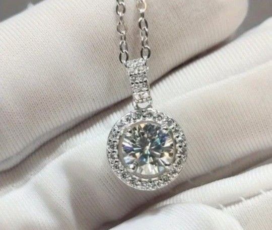 1 Carat Moissanite Halo Pendant, 18k White Gold-Plated, 925 Sterling Silver Necklace