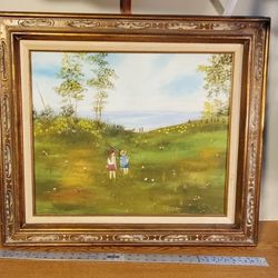 Beautiful Framed Painting Of Children Going Fishing