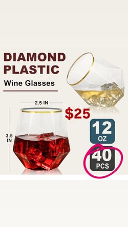 40PCS 12oz Diamond Stemless Plastic Wine Whiskey Glasses,Gold Rim Disposable Cocktail Glasses, Suitable for Weddings, Birthday Parties, Family Gatheri