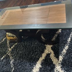 Asian style coffee table with bamboo inlay & Tempered glass top