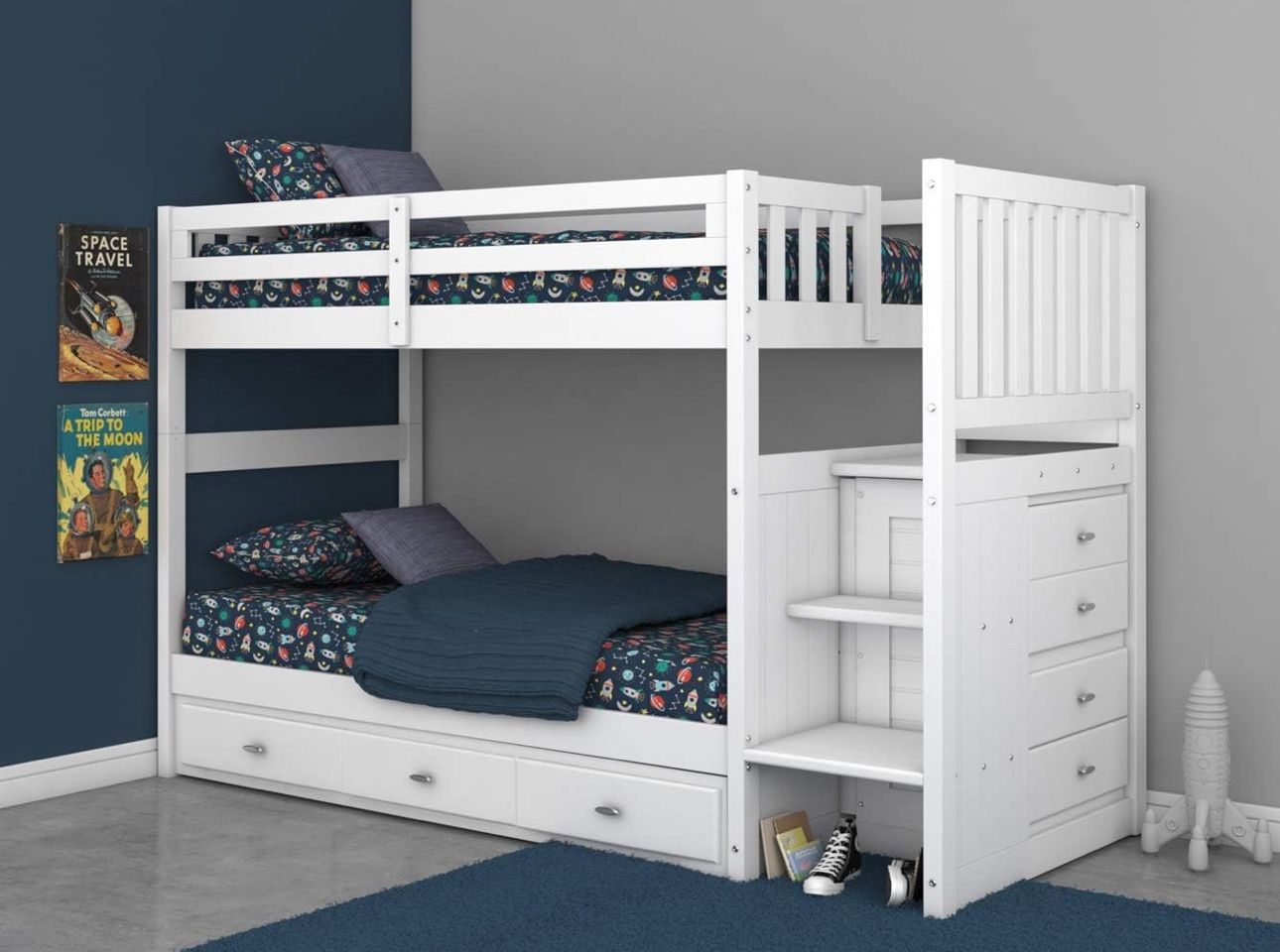 Bunk bed Twin Over Twin Stair Steps & 7 Storage Drawers in White Finish