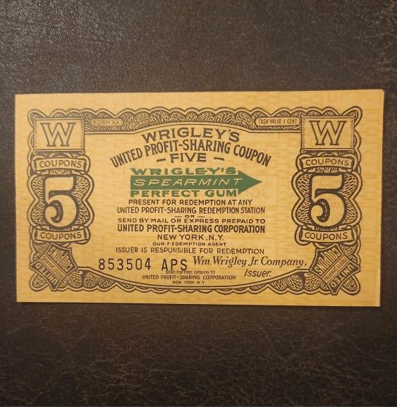 X5 Vintage Wrigleys Spearmint Gum United Profit Sharing Coupon